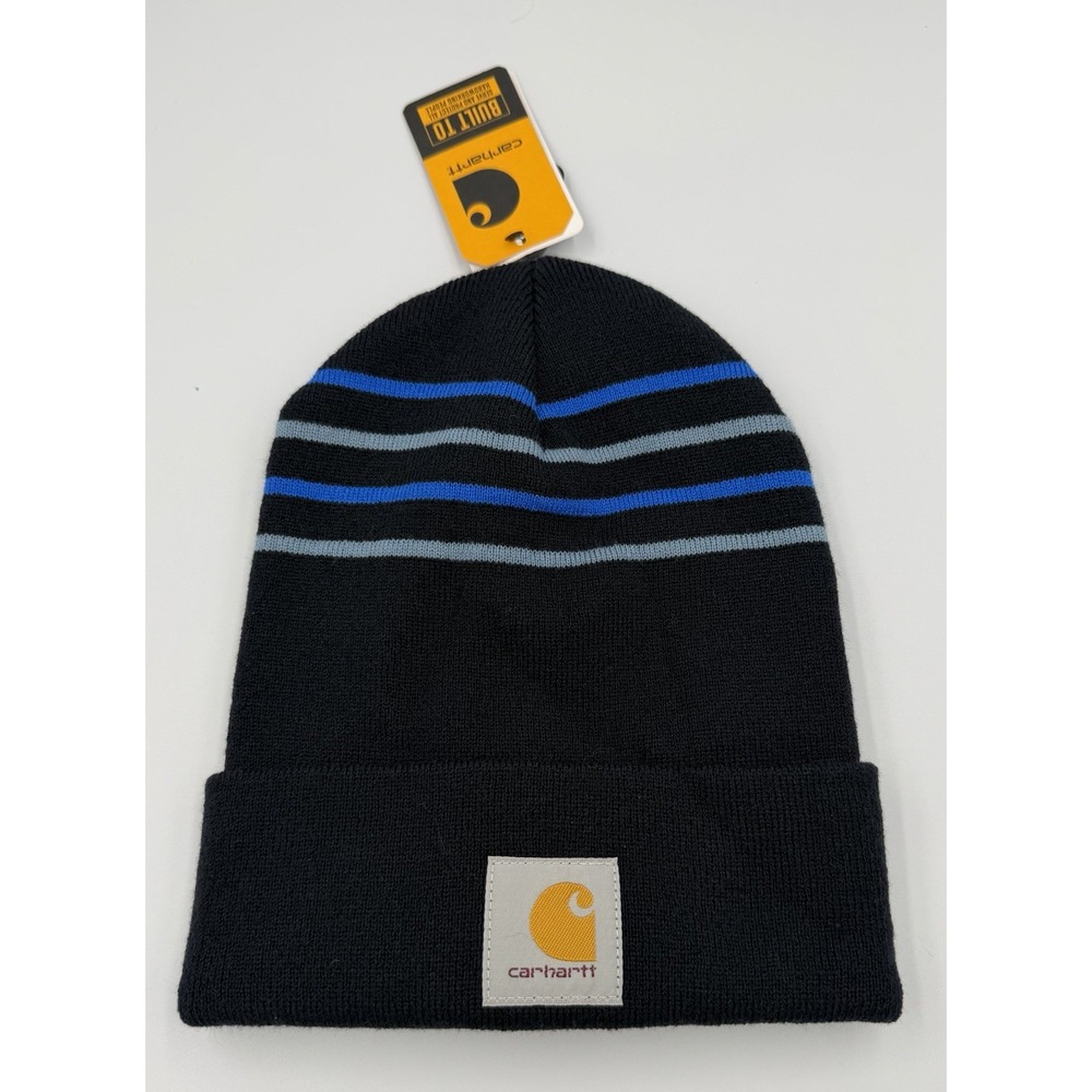 Carhartt Knit Striped Beanie Hat Blue O/S Winter Workwear
